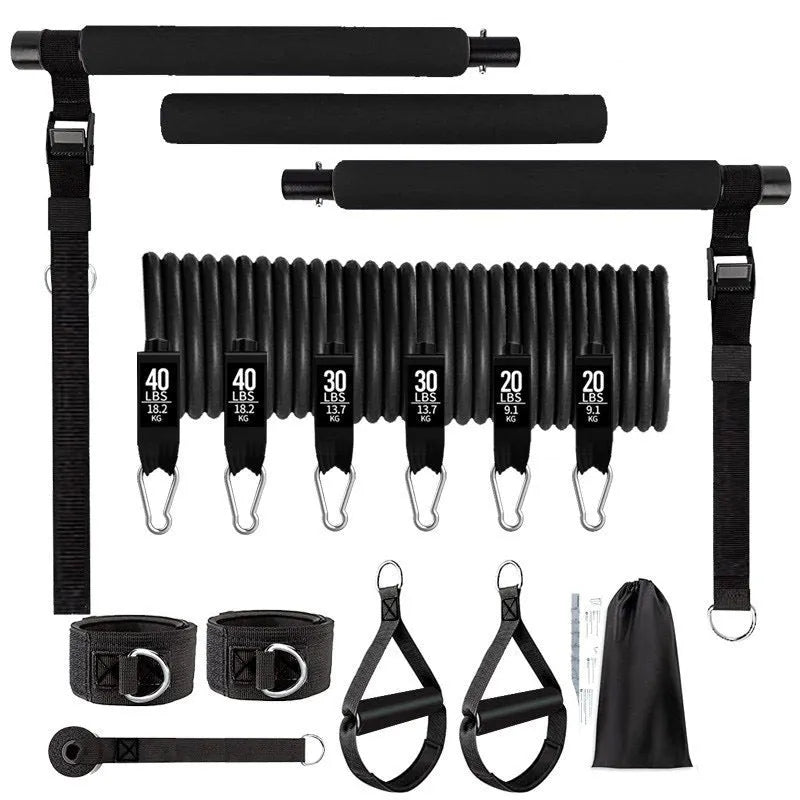 Yoga gymnastic bar set with 180 pounds pink and black TPE resistance bands for pull rope exercises