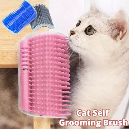 Cat Self-Grooming Brush mounted on wall with cat using it