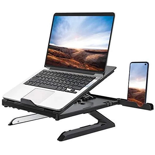 Foldable aluminium laptop stand in black or white, 280 x 280 x 25.5mm, with 9 adjustable angles and cooling slot.