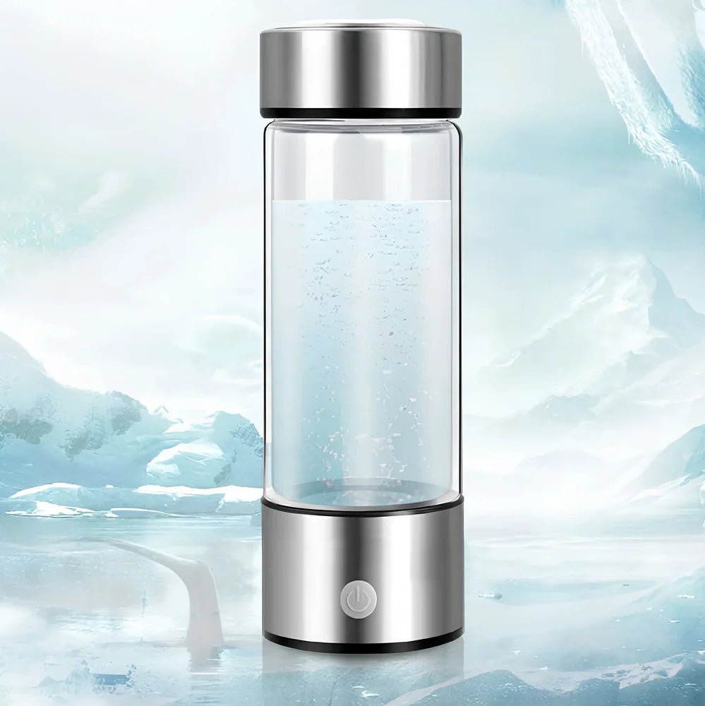 Portable hydrogen water cup in silver with borosilicate glass, showing electrolysis bubbles and romatic light, 3-minute generation