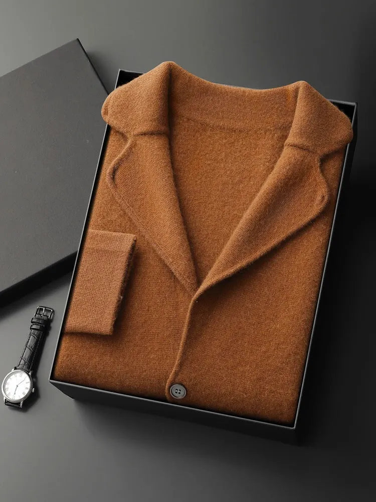 Men's cashmere blend lapel cardigan sweater in light grey showing loose fit and thickened knit construction