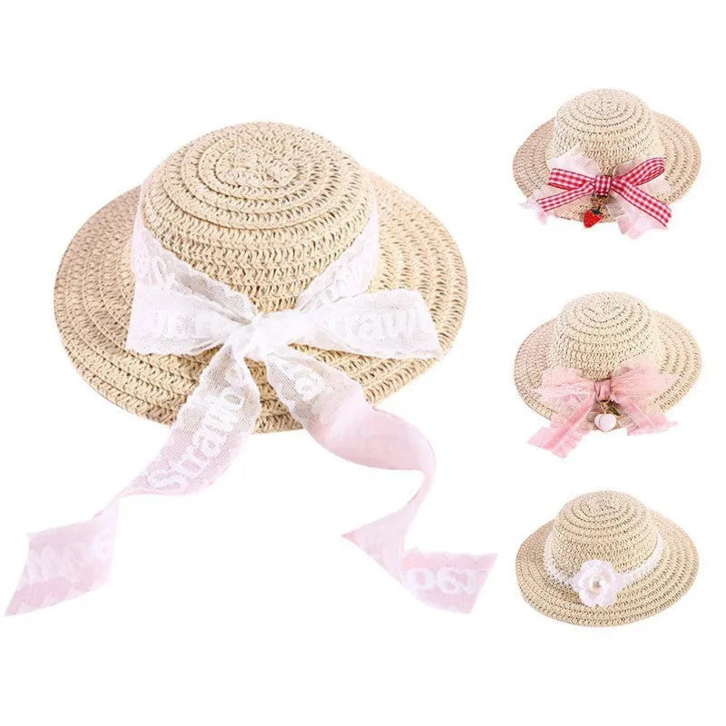 Handmade adjustable bowknot paper hat for a dog or cat, shown in a cartoon style with an elastic fastening loop.