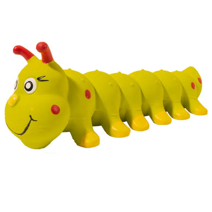 Yellow rubber caterpillar dog squeaky toy measuring 25.5x9cm for small medium breeds
