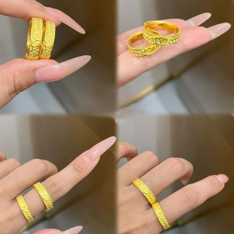 Lotus Double Happiness Ring in Brass with Electroplated Finish, Adjustable Open Band for Couples, Ancient Style Floral Design, Men's and Women's Options