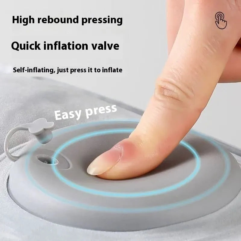Blue press inflatable seat cushion showing flocked texture, deflated and folded next to an inflated state.