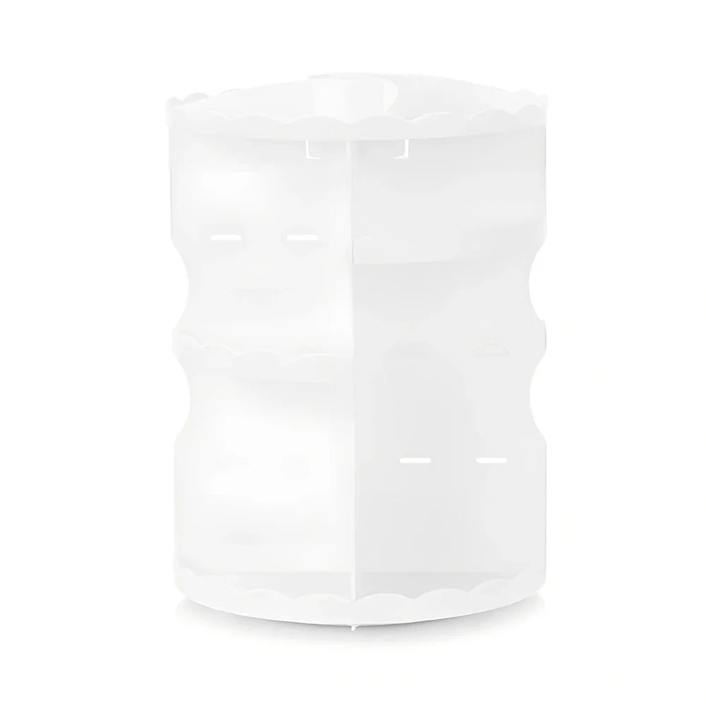 Rotating cosmetics organiser with 360-degree mechanism measuring 23 x 30.5cm in plastic construction