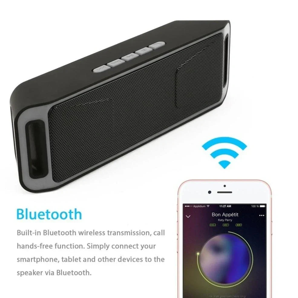 Blue portable Bluetooth speaker with dual speakers showing dimensions 20x6.5x4cm