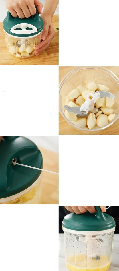 Gray household kitchen vegetable chopper with 200ml capacity and stainless steel blades measuring 10.5cm × 9.5cm