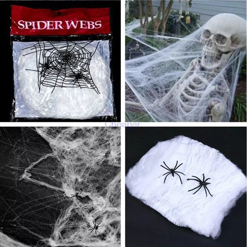 Realistic Halloween spider cotton web decoration with small spiders, available in multiple colors