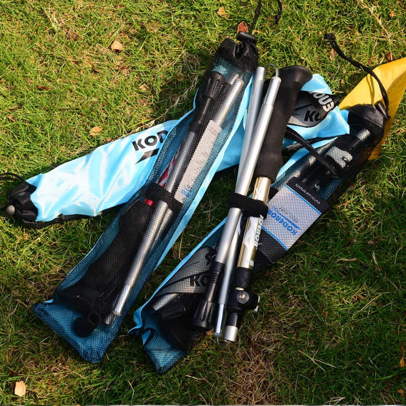 Five-section folding trekking pole in red, blue, black, or gold with adjustable length and diamond tip