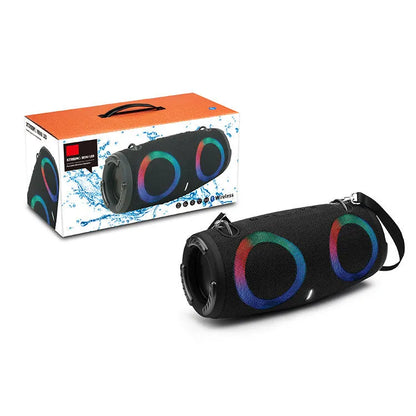 War Drum Bluetooth speaker in blue with RGB coloured lights, showing waterproof design and included strap for portable use