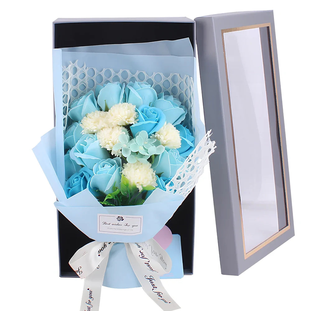 Handmade 19 rose soap bouquet in pink, red, blue, purple, or white, arranged in gift box for events