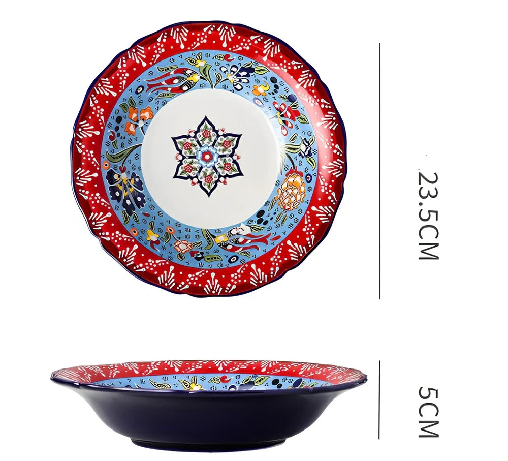 Underglaze ceramic bowl with Bohemian floral pattern in blue mandarin duck design, 8 inch diameter