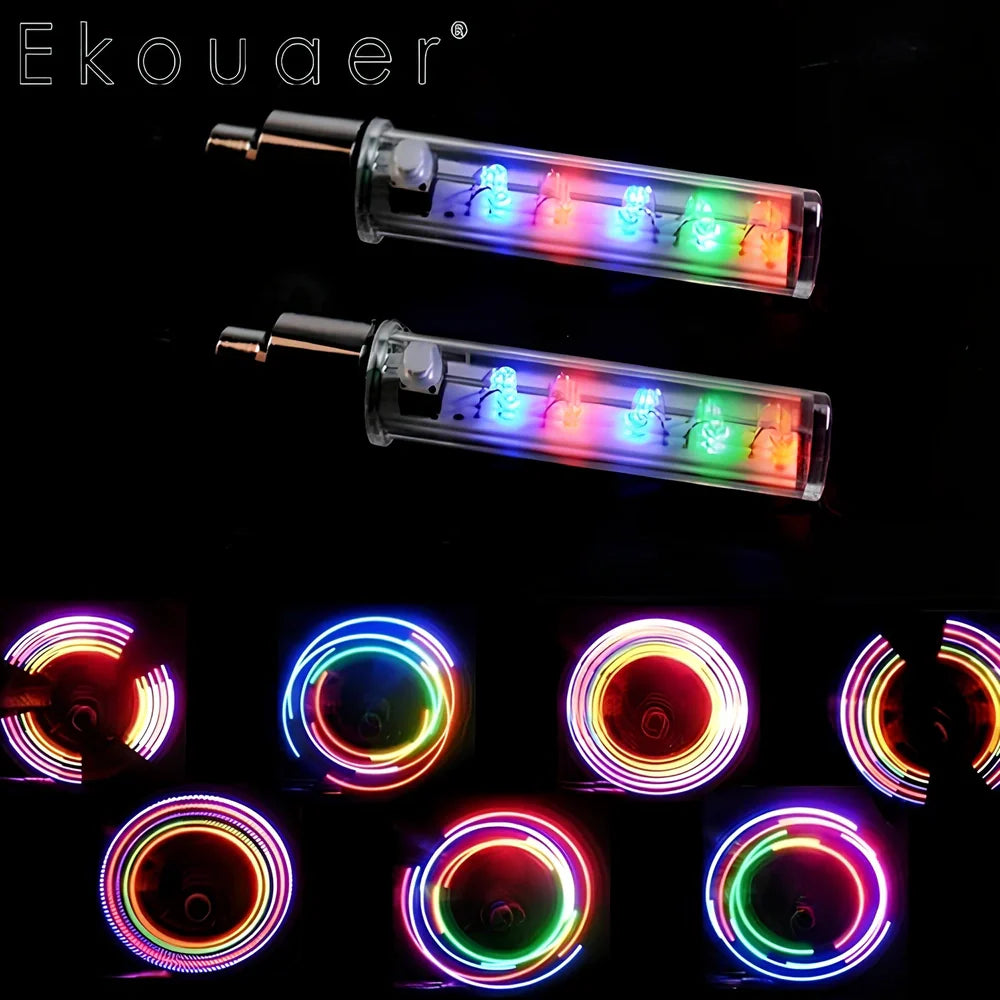 Waterproof bicycle decorative light with 5 LEDs mounted on tyre valve stem showing multicolour illumination