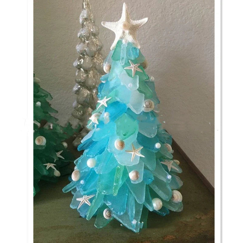 Blue PVC Christmas tree decoration with ocean-themed design, 15cm in height