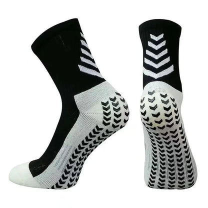 Men's mid-calf athletic socks with non-slip silicone grips in Arrow Black colour with geometric pattern design