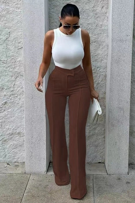 Women's slim straight-leg pants with buckle detail in various colors