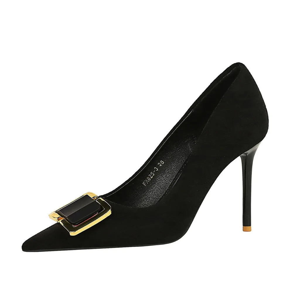 Black suede stiletto heels with 9CM heel height, rubber sole, and pointed toe design