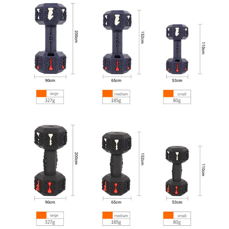Dog chew toy with dumbbell design, 3D particle surface, hollow ends for treats, in black or blue colour