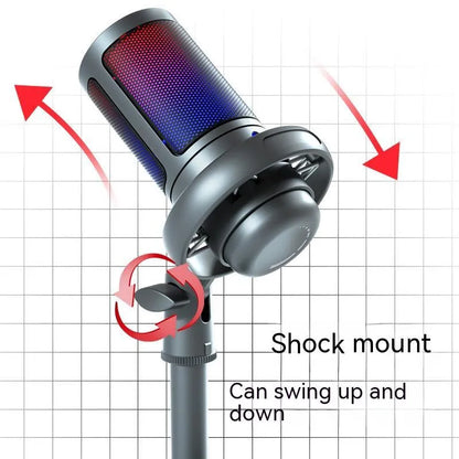 RGB USB condenser microphone in black, white, or pink colours with a 150 cm cable.