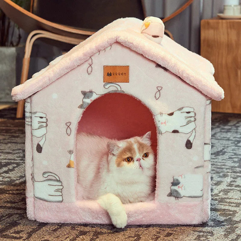 Removable washable plush pet bed house for cats and small dogs, closed yurt shape, available in brown, yellow, grey, blue and pink