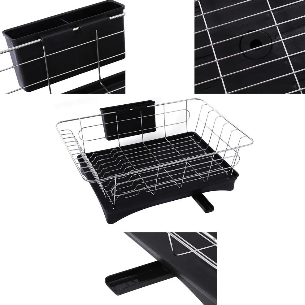 Black stainless steel dish drying rack with drain board and removable cutlery holder