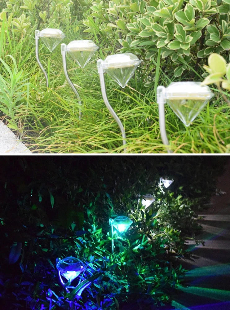 Solar powered garden diamond light with white and multicolor LED options for outdoor illumination