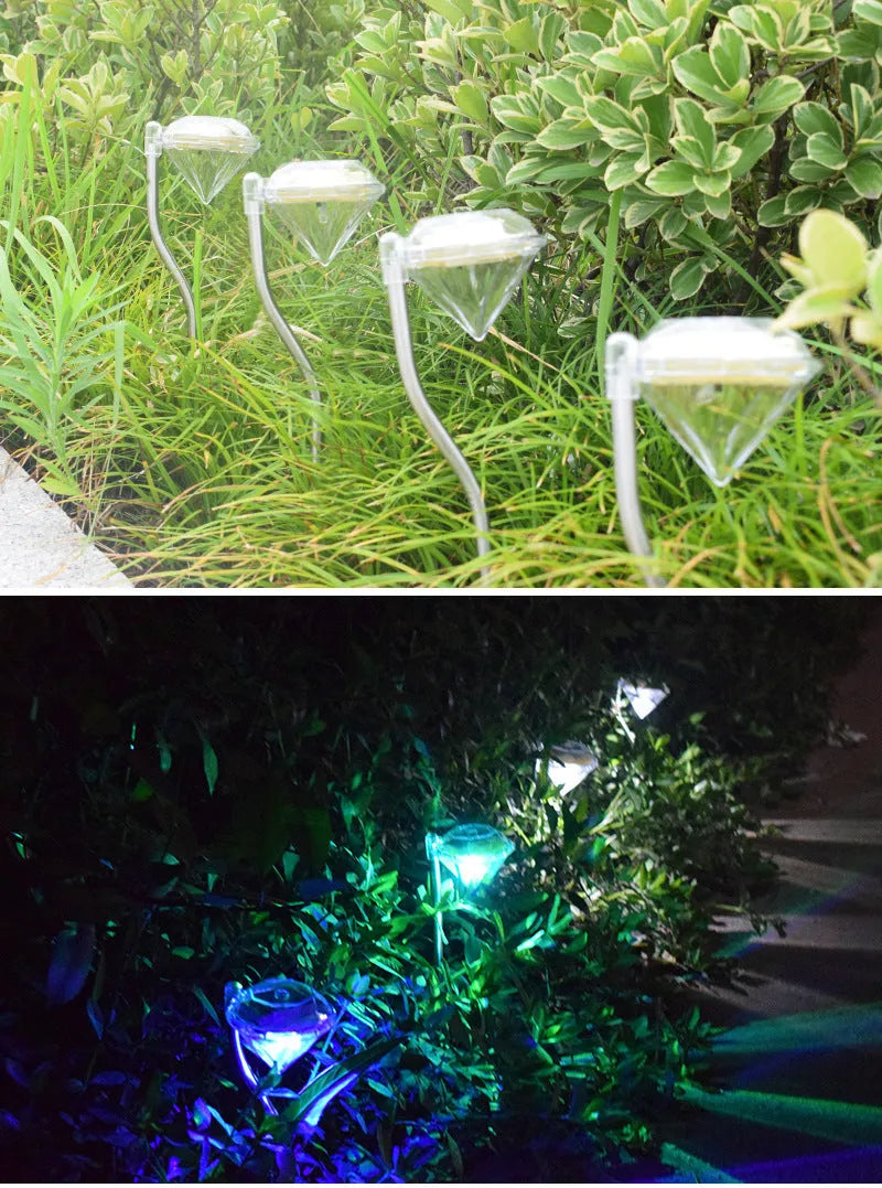 Solar powered garden diamond light with adjustable angle and IP55 waterproof rating for outdoor use