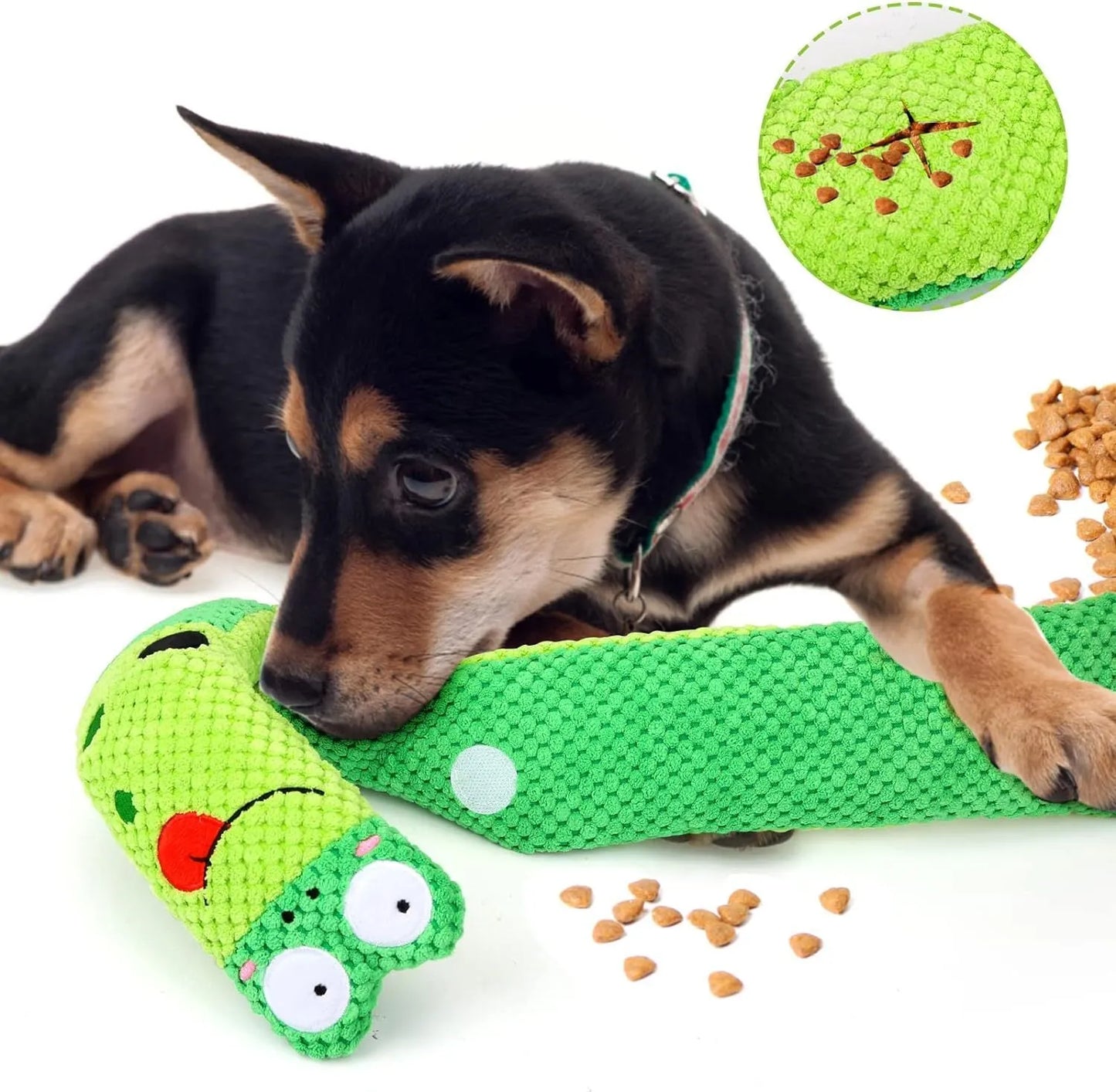 Squeak dog toy in snail or stick shape with hidden food holes for foraging training, measuring 7.5 cm by 7.2 cm