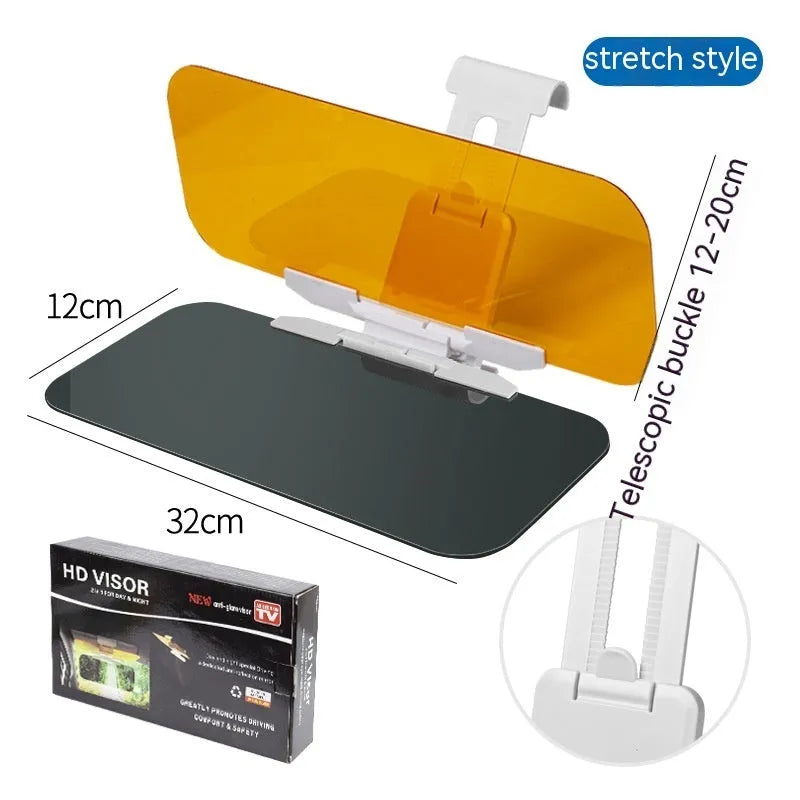 Car anti-glare sun visor with acrylic lens shown in telescopic stretched position