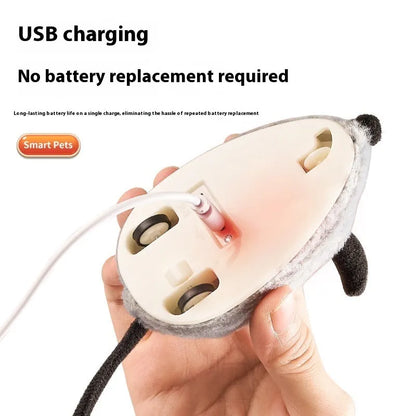 Intelligent charging simulation electric mouse cat teaser toy in gray or yellow with feather tail attachments