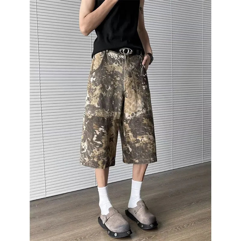Yellow snake pattern tooling camouflage cropped jeans in 100% cotton denim, sizes S to 3XL
