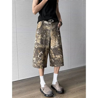 Yellow snake pattern tooling camouflage cropped jeans in 100% cotton denim, sizes S to 3XL