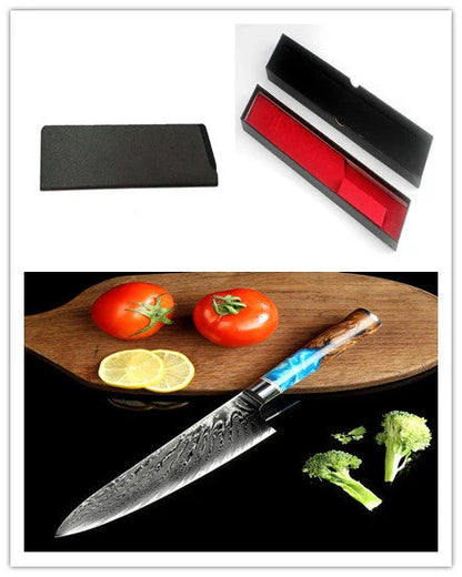 Premium 67-layer Damascus steel chef's knife with elegant brocade pattern, durable corrosion-resistant construction, and ergonomic handle for exceptional cutting performance