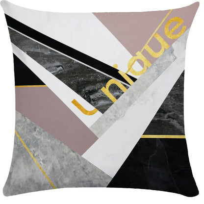 Geometric pattern throw pillow on office sofa showing 45x45cm size with plush fabric texture