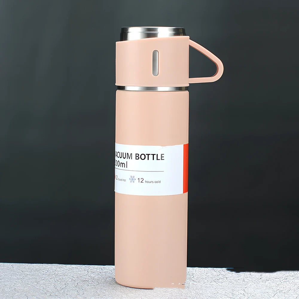 Pink stainless steel vacuum water cup with straight design and 500ml capacity in gift box packaging