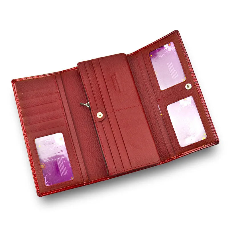 Wine red crocodile pattern genuine leather women's coin purse with pigskin lining.