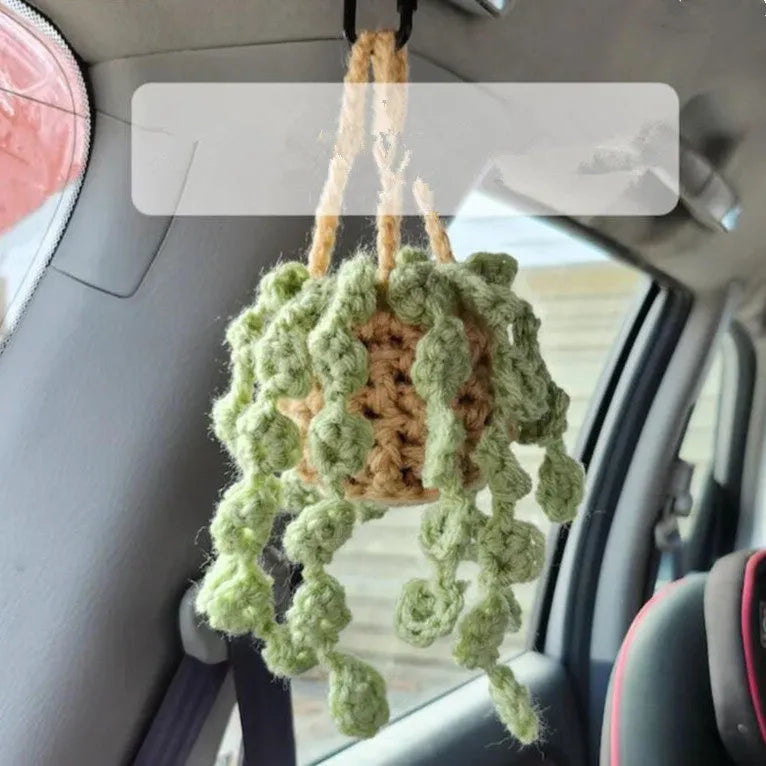 Green and white knitting wool car plant decoration with 8cm base and 25cm hanging rope