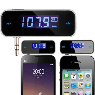 Black car FM transmitter with 3.5mm aux audio input, LCD display and PLL digital stereo, for Android phones and iPhones.