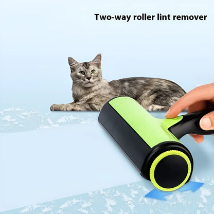 Handheld automatic pet hair lint roller with sticky rotating brush in green, blue, or grey colour