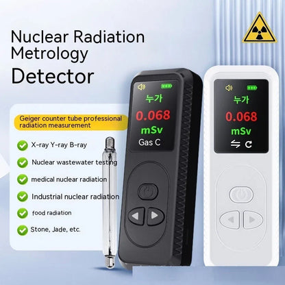 Portable radiation detector with color display, alarm function, and rechargeable battery for monitoring X, gamma, and beta radiation levels
