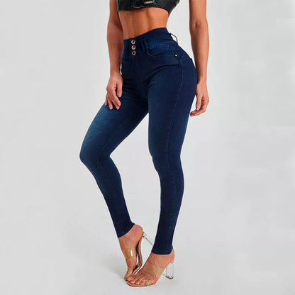Women's high waist skinny jeans in dark blue and light blue, sizes S-XXL