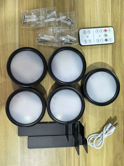 Black magnetic LED painting lamp with remote control on a white wall.