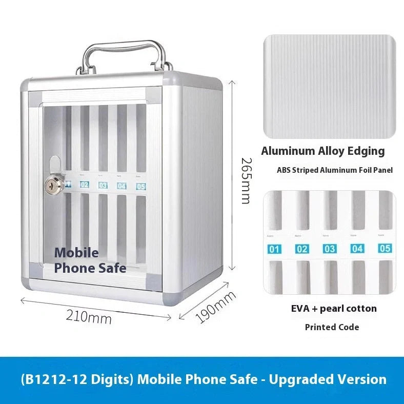 Silver aluminium alloy mobile phone storage cabinet with multiple compartments for device organisation
