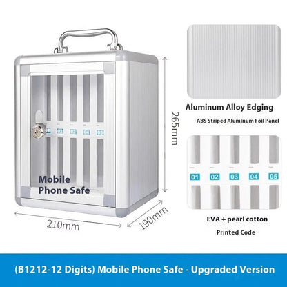 Silver aluminium alloy mobile phone storage cabinet with multiple compartments for device organisation