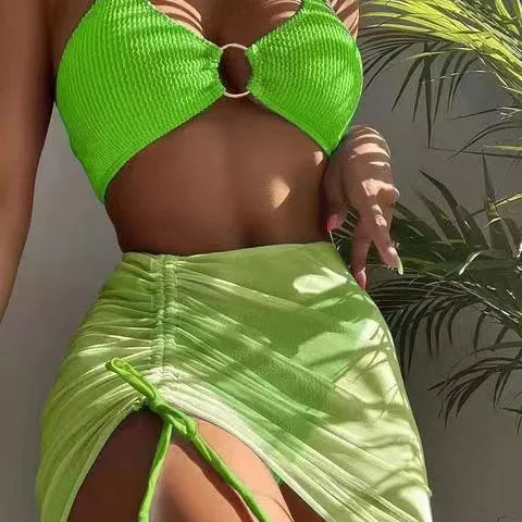 Women's solid color halter three-piece swimwear set with chest pad