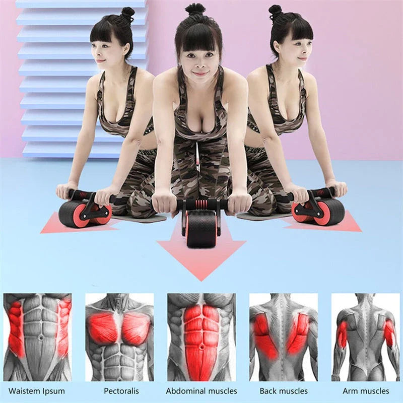 Dual-wheel abdominal roller with sweat-absorbent grip handle for intense core workouts