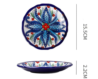 Underglaze ceramic bowl with Bohemian floral pattern in blue mandarin duck design, 8 inch diameter
