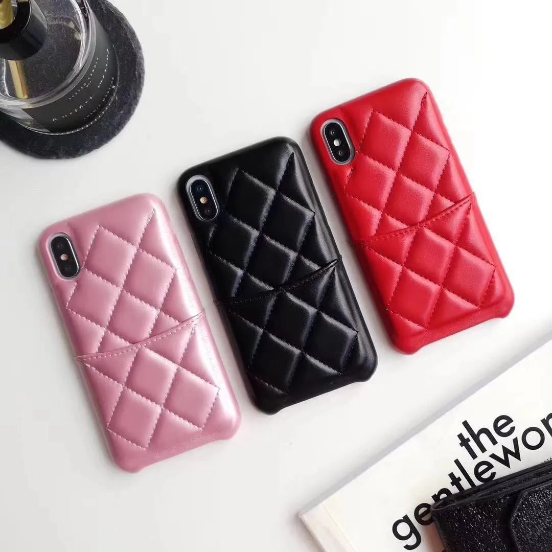 Leather mobile phone case for iPhone XS Max in black, pink, and red colour options.