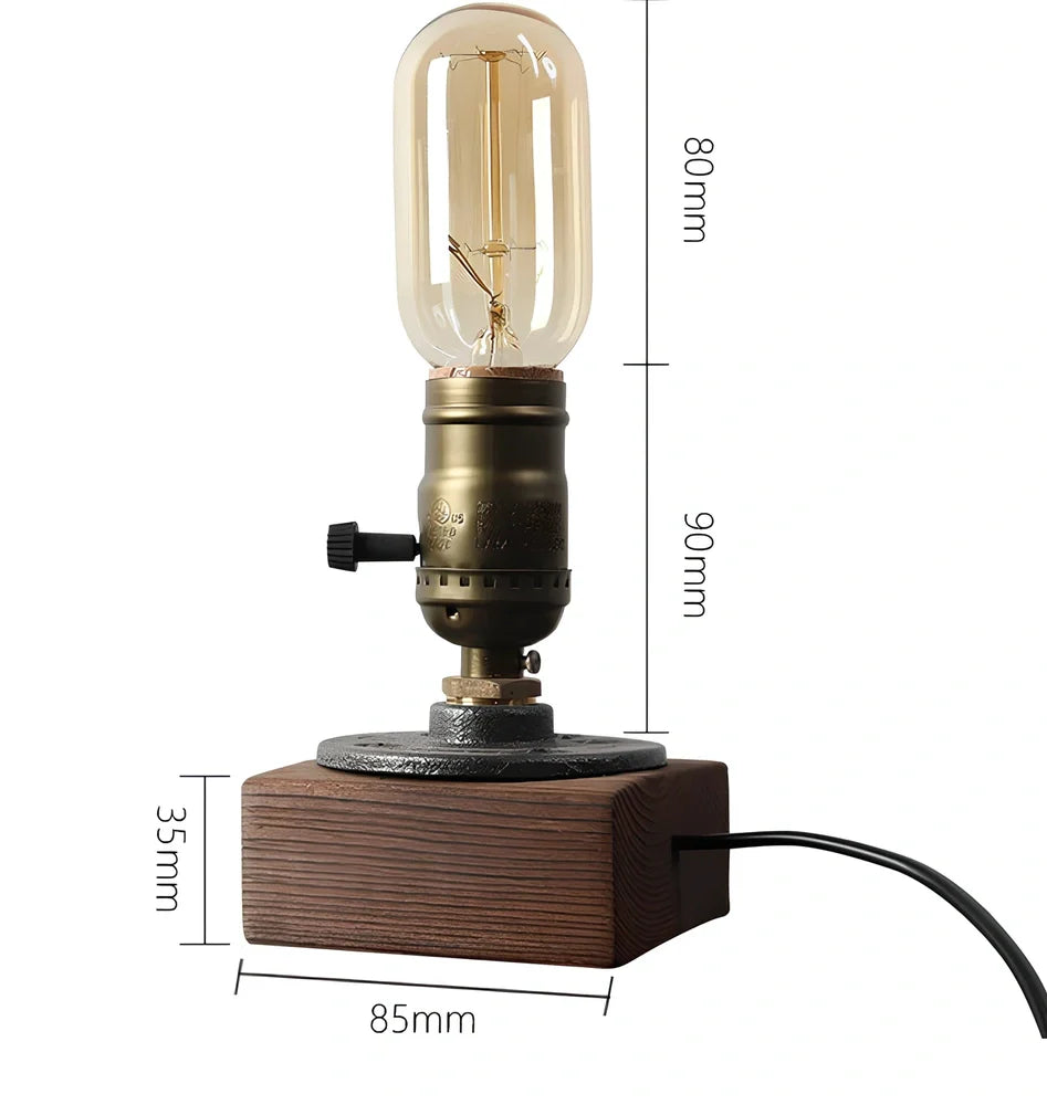 Water pipe table lamp with wood and iron construction measuring 9cm wide by 13cm tall